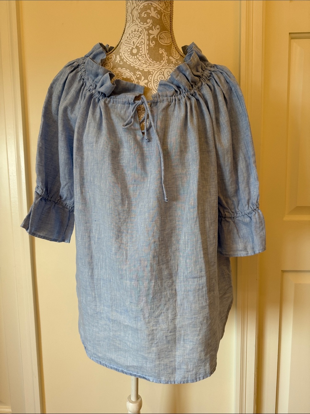 Sara Campbell Linen Light Blue Peasant Blouse with Ruffle Neck